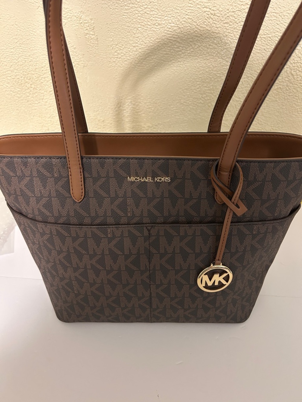 Michael Kors Brown Monogram Tote with Gold MK Charm - Picture 3 of 12